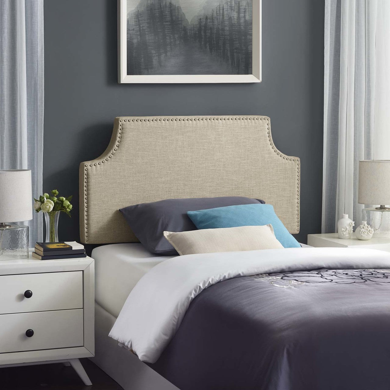 Laura Twin Upholstered Fabric Headboard, Twin Size, Fabric Nail Rivet, Beige, 14352