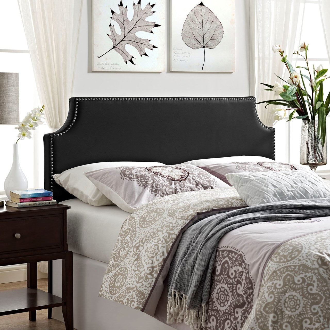 Laura Full Upholstered Vinyl Headboard, Black, Faux Leather 12128