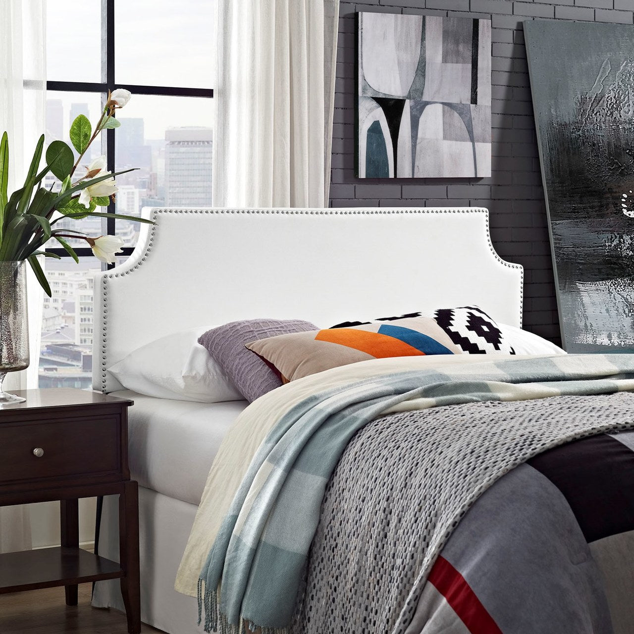 Laura King Upholstered Vinyl Headboard, White, Faux Leather 12143