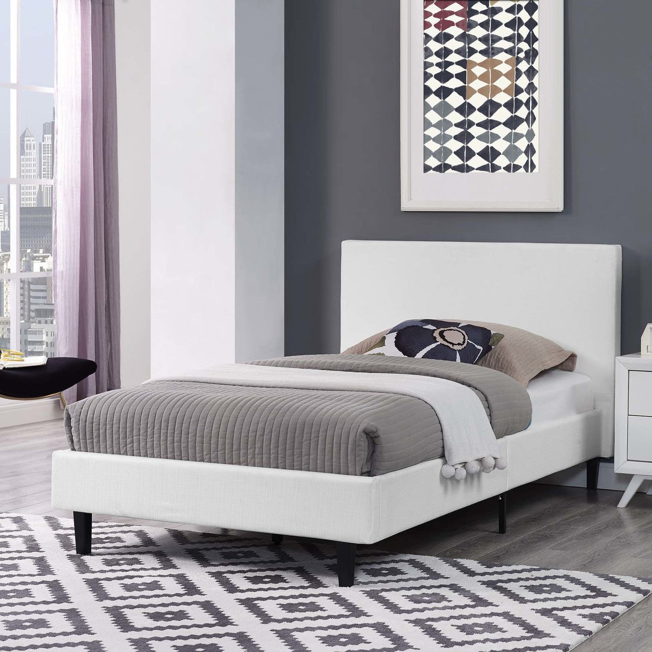 Anya Twin Bed, Twin Size, Fabric, White, 14366