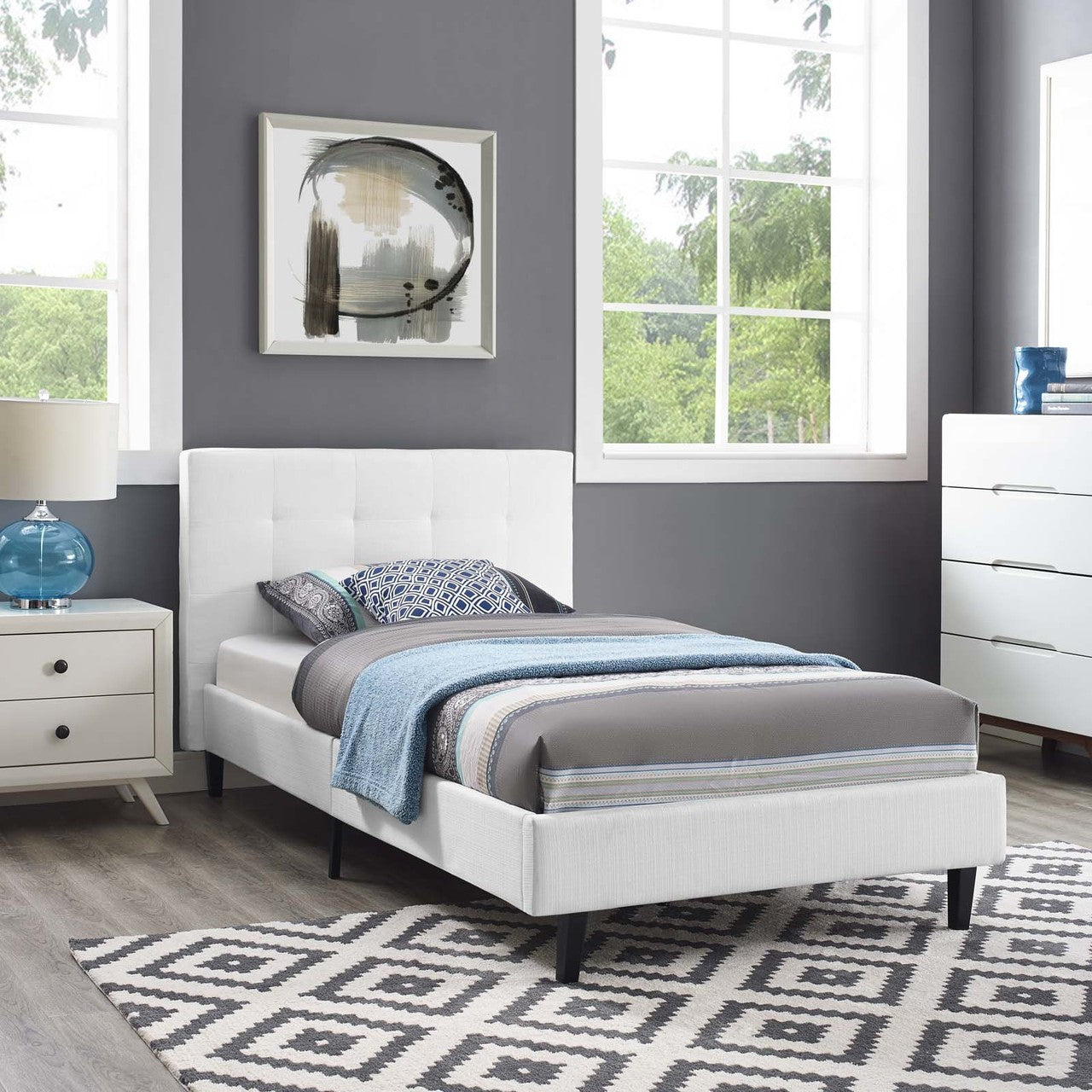 Linnea Twin Bed, Twin Size, Fabric, White, 14375