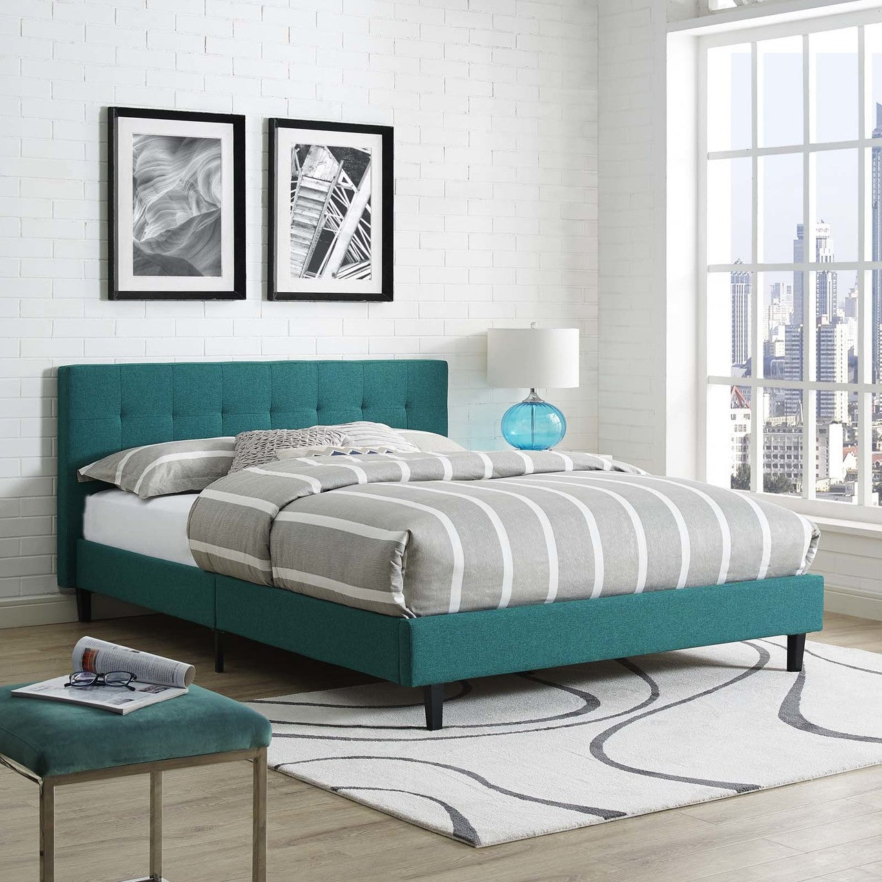 Linnea Queen Fabric Bed, Queen Size, Fabric, Aqua Blue, 14378