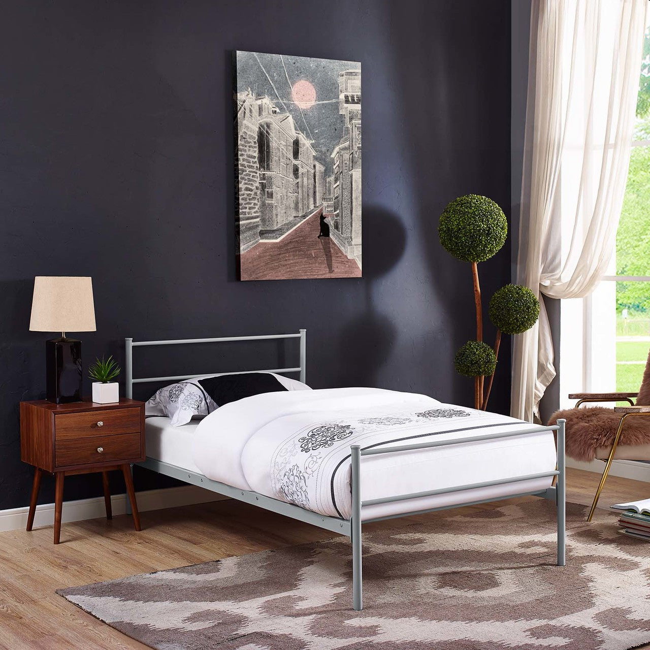 Alina Twin Platform Bed Frame, Twin Size, Metal Steel, Grey Gray, 14434