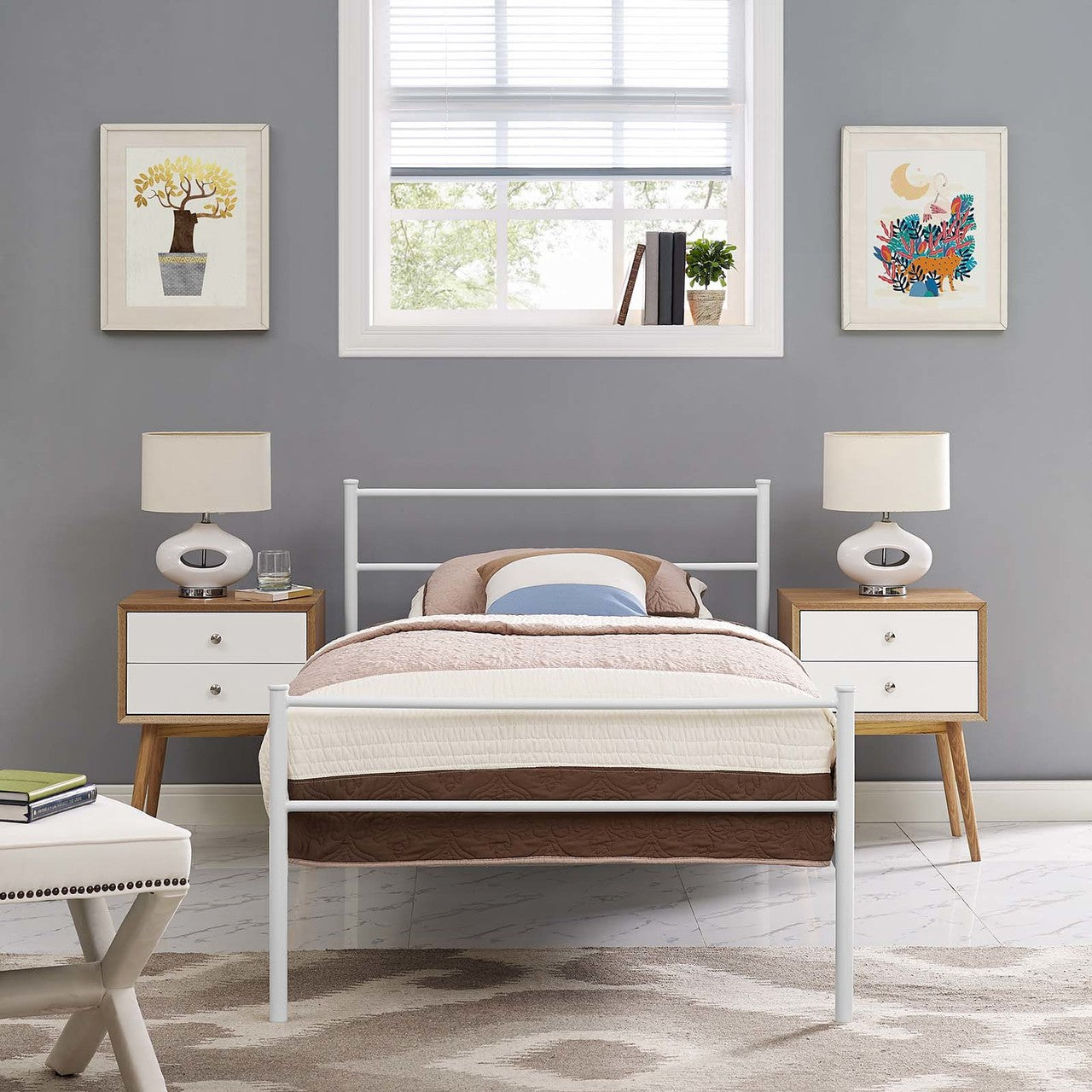 Alina Twin Platform Bed Frame, Twin Size, Metal Steel, White, 14435
