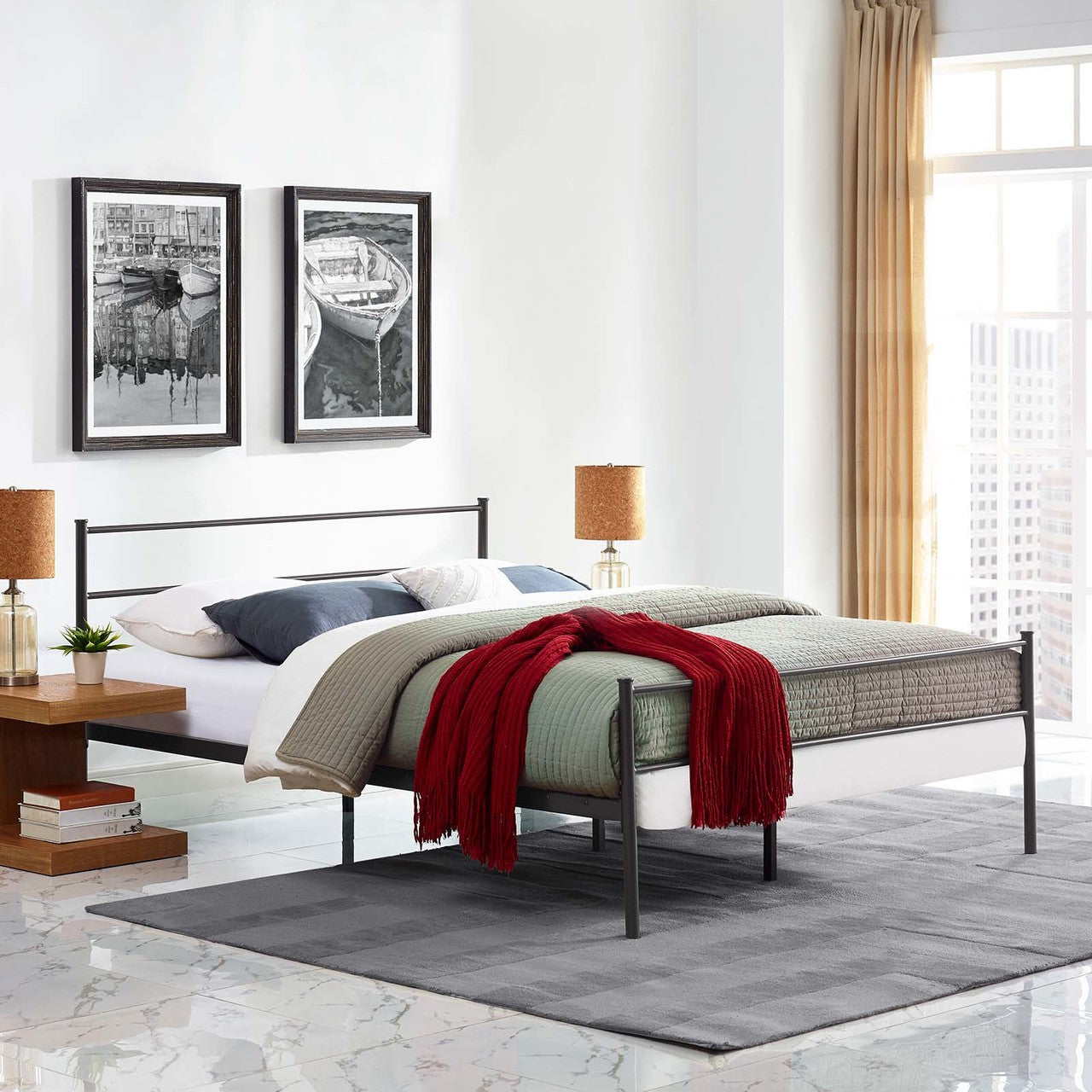 Alina Full Platform Bed Frame, Full Size, Metal Steel, Brown, 14436