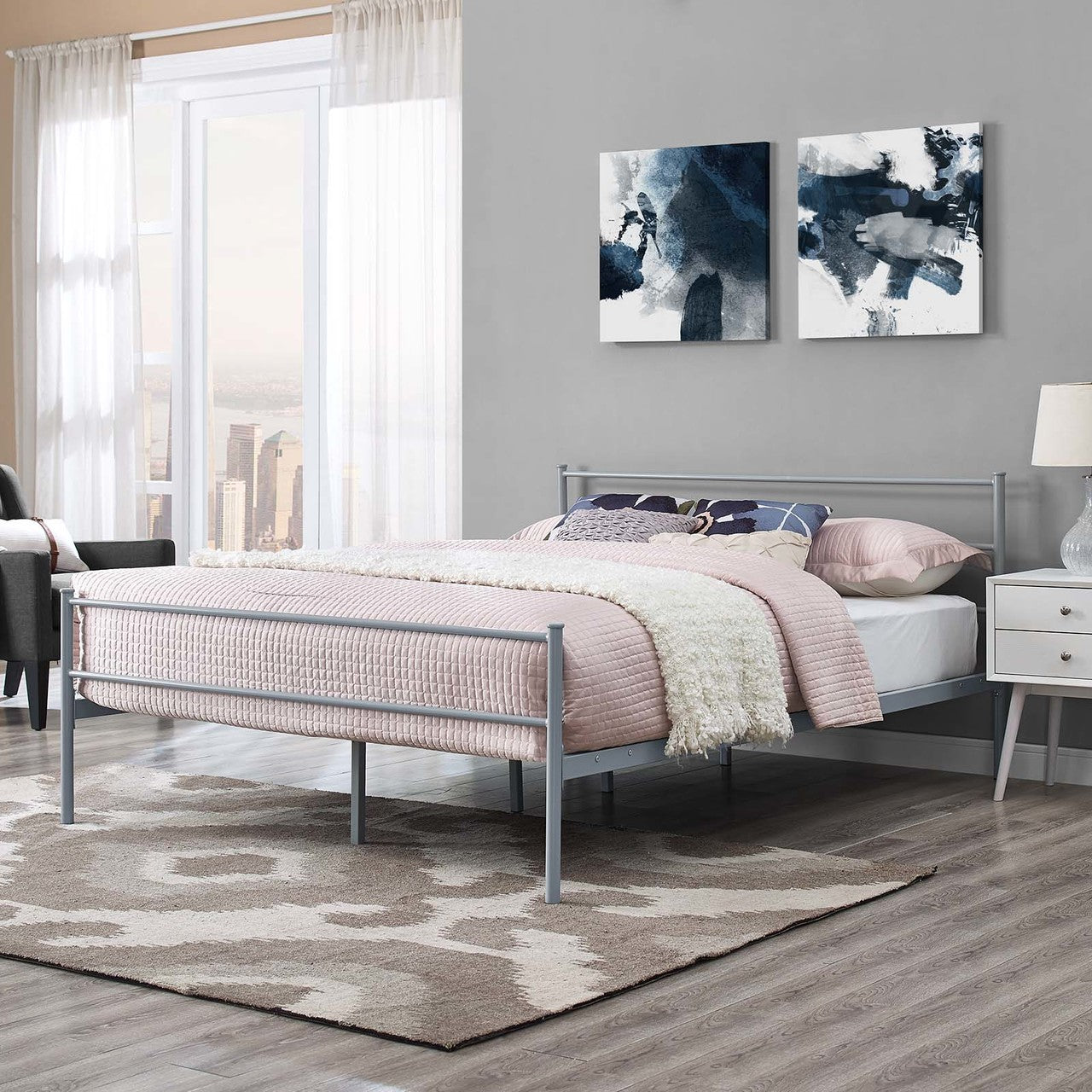 Alina Full Platform Bed Frame, Full Size, Metal Steel, Grey Gray, 14437