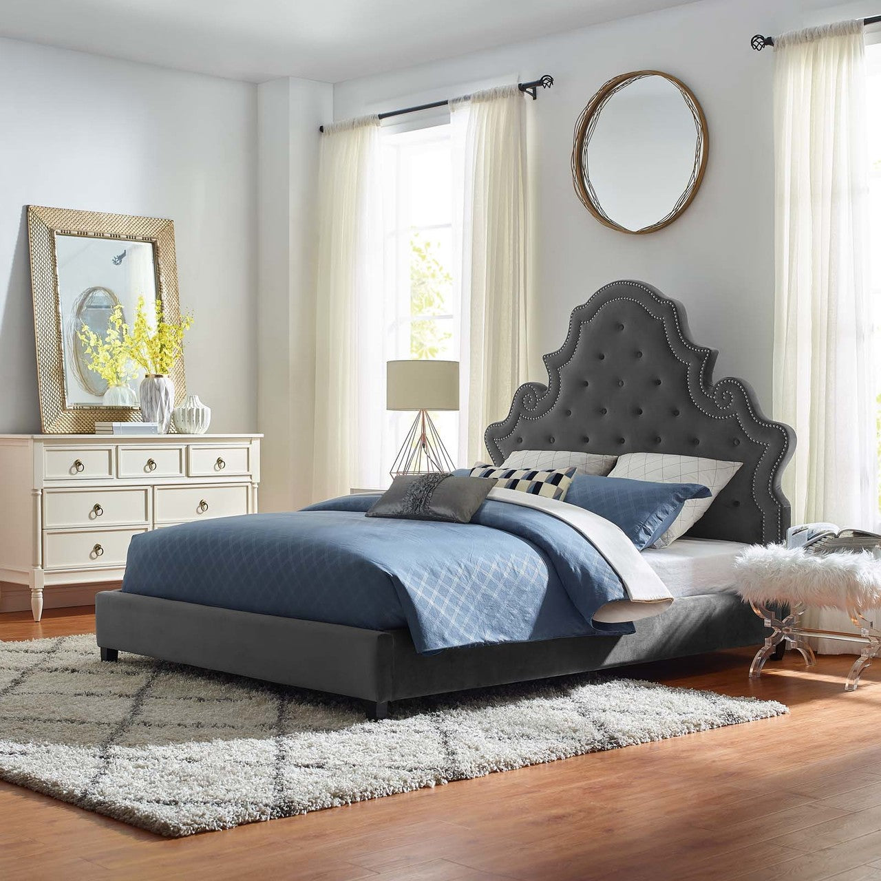 Valentina Queen Tufted Nailhead Performance Velvet Platform Bed, Queen Size, Velvet Fabric, Grey Gray, 15888