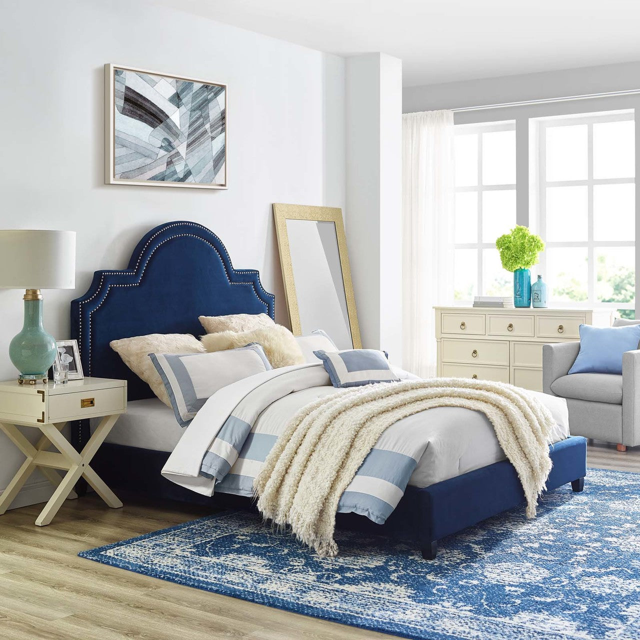 Primrose Queen Performance Velvet Platform Bed, Queen Size, Velvet Fabric, Navy Blue, 15896