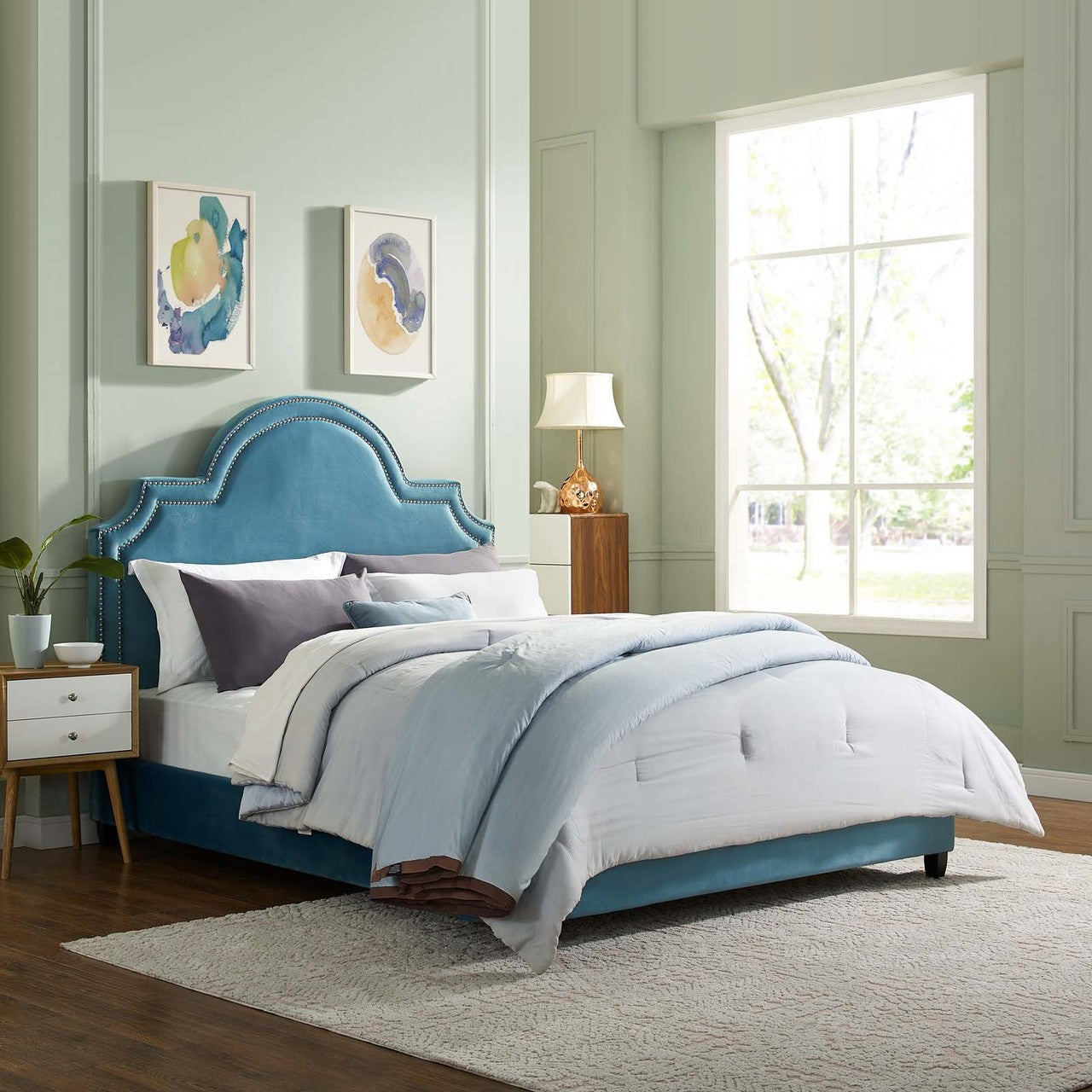 Primrose Queen Performance Velvet Platform Bed, Queen Size, Velvet Fabric, Blue, 15897
