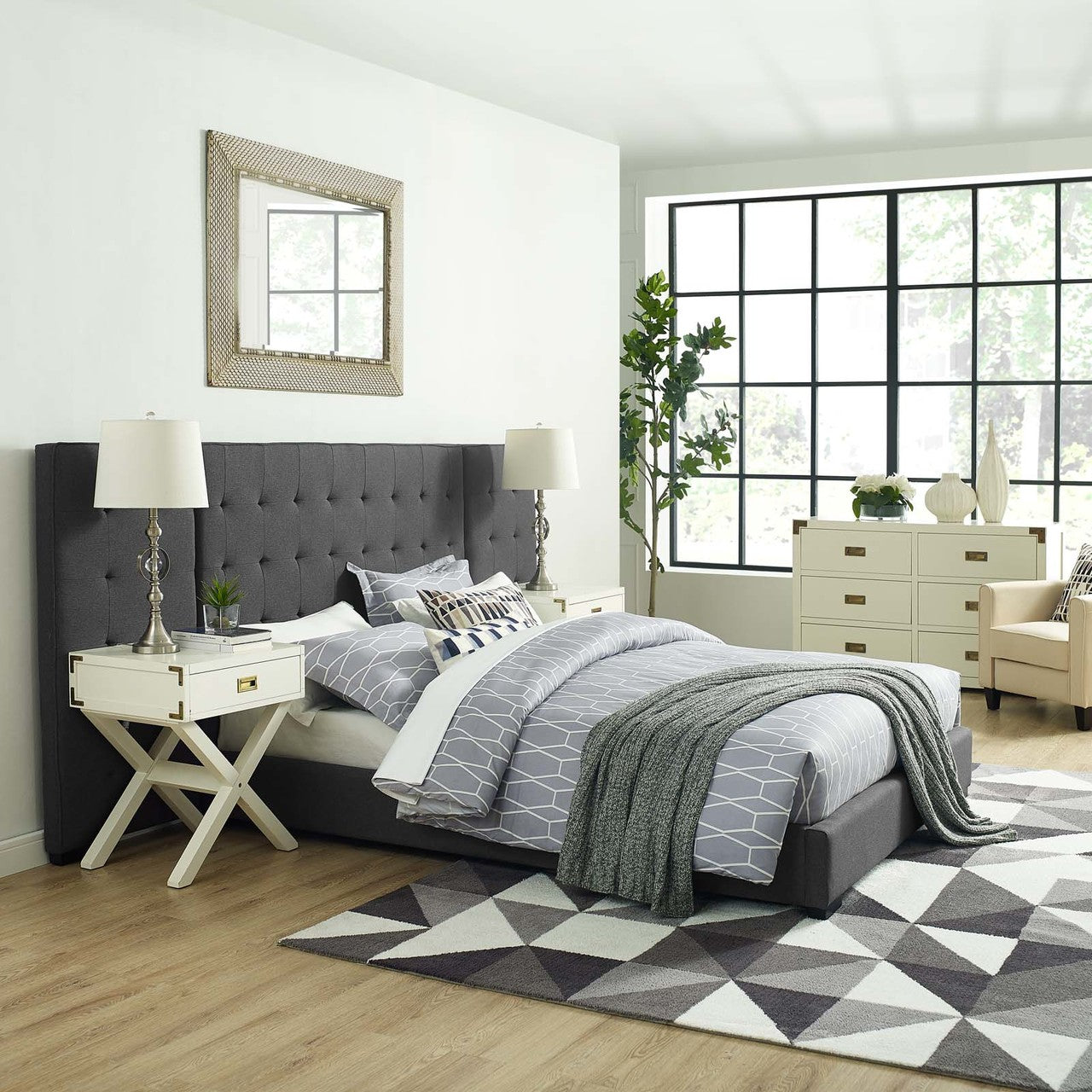 Primrose Queen Upholstered Fabric Platform Bed, Queen Size, Fabric, Grey Gray, 15900
