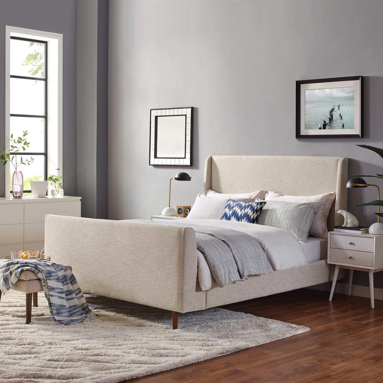 Aubree Queen Upholstered Fabric Sleigh Platform Bed, Queen Size, Fabric, Beige, 15903