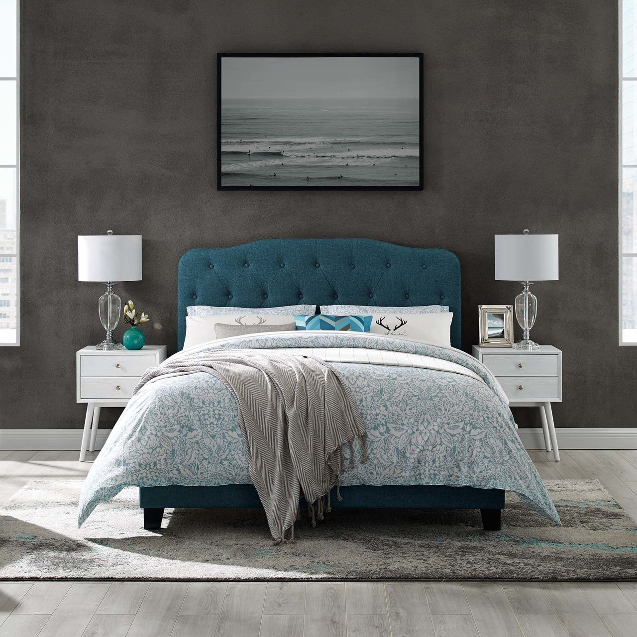 Amelia Queen Upholstered Fabric Bed, Queen Size, Fabric, Navy Blue, 15254