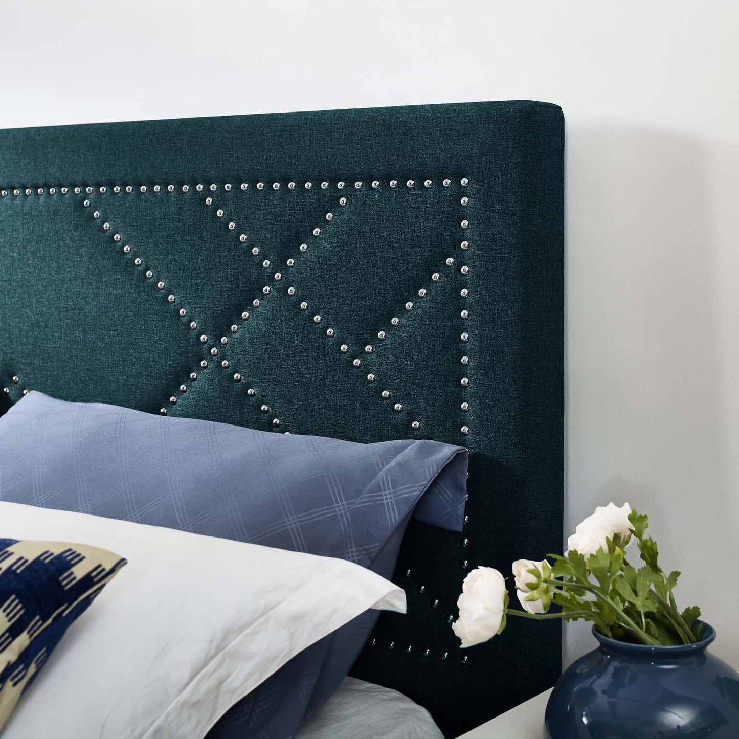 Reese Nailhead Full / Queen Upholstered Linen Fabric Headboard, Fabric, Navy Blue, 17636
