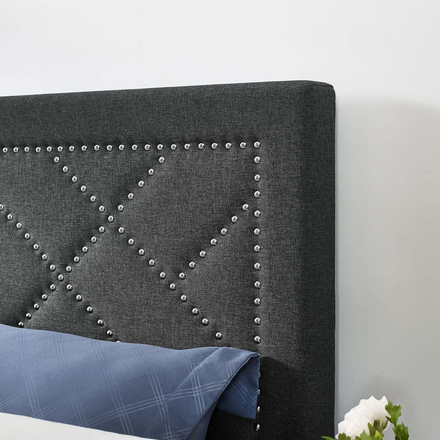 Reese Nailhead King and California King Upholstered Linen Fabric Headboard, Fabric, Grey Gray, 17643