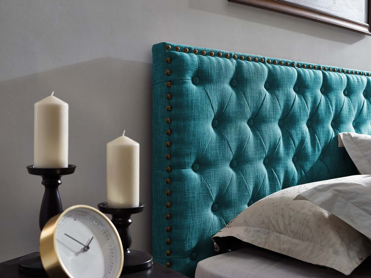 Helena Tufted King and California King Upholstered Linen Fabric Headboard, Fabric, Aqua Blue, 17692