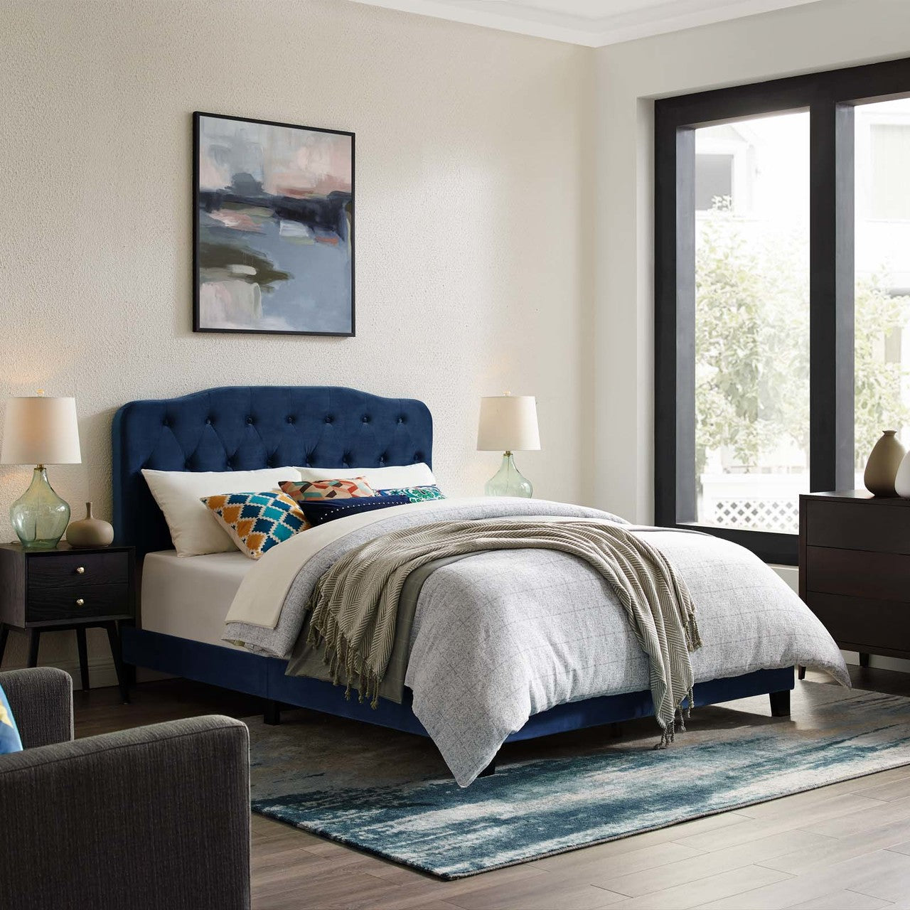 Amelia Full Upholstered Velvet Bed, Full Size, Velvet Fabric, Navy Blue, 15500