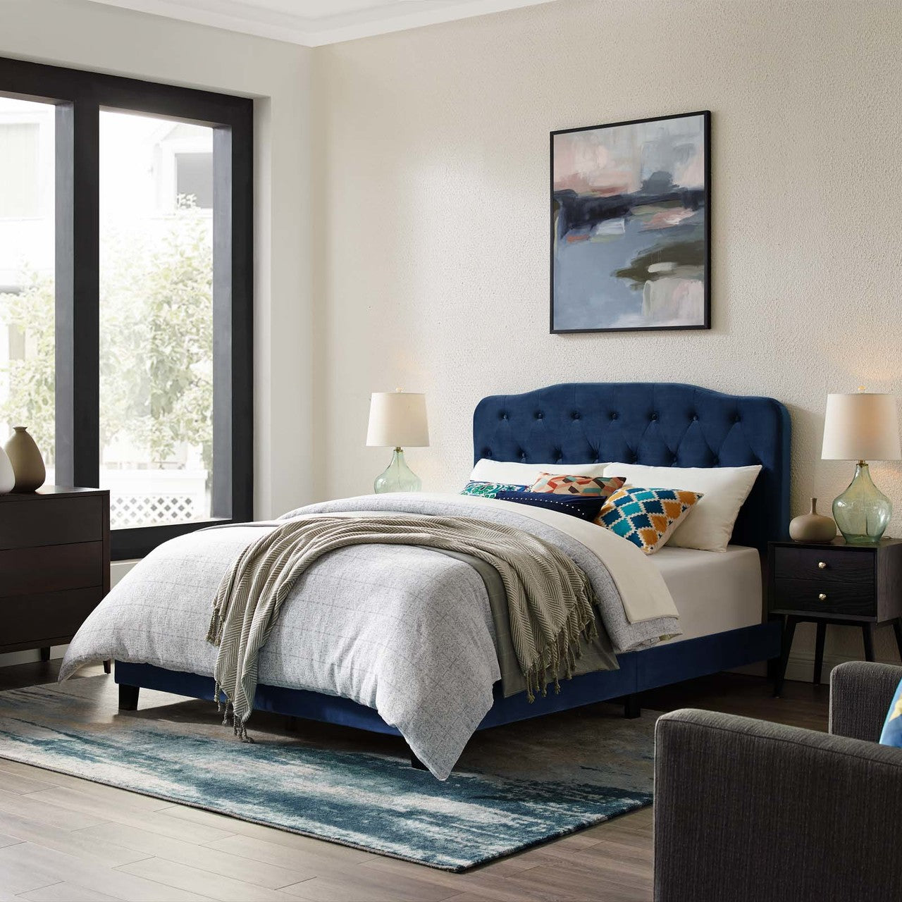 Amelia Queen Upholstered Velvet Bed, Queen Size, Velvet Fabric, Navy Blue, 15259