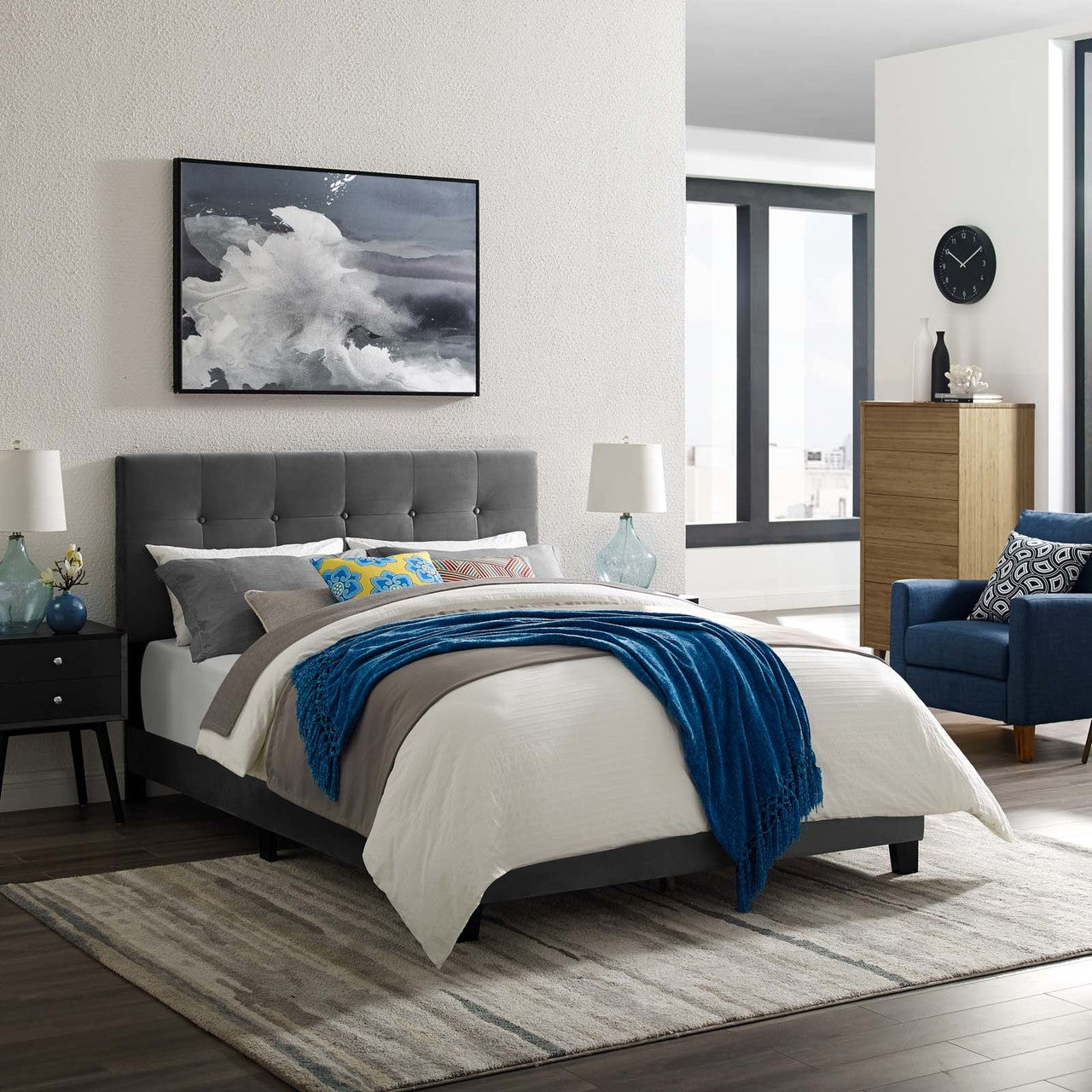 Amira King Upholstered Velvet Bed, King Size, Velvet Fabric, Grey Gray, 15505