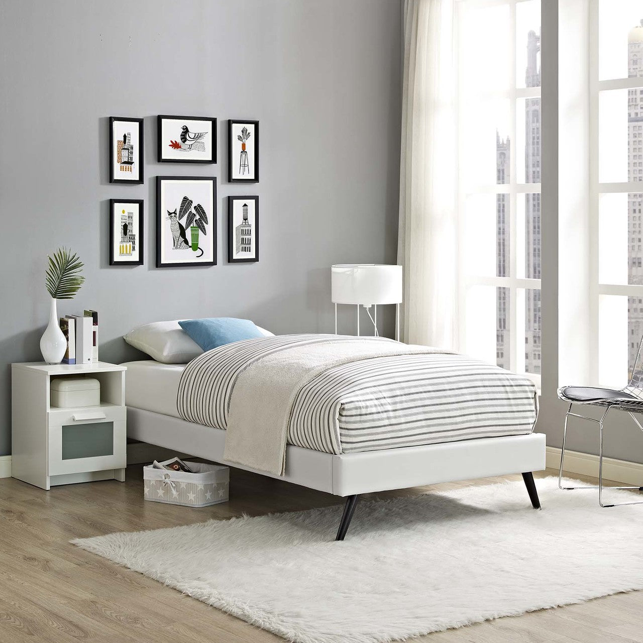 Loryn Twin Vinyl Bed Frame with Round Splayed Legs, Twin Size, Faux Vinyl Leather, White, 14459