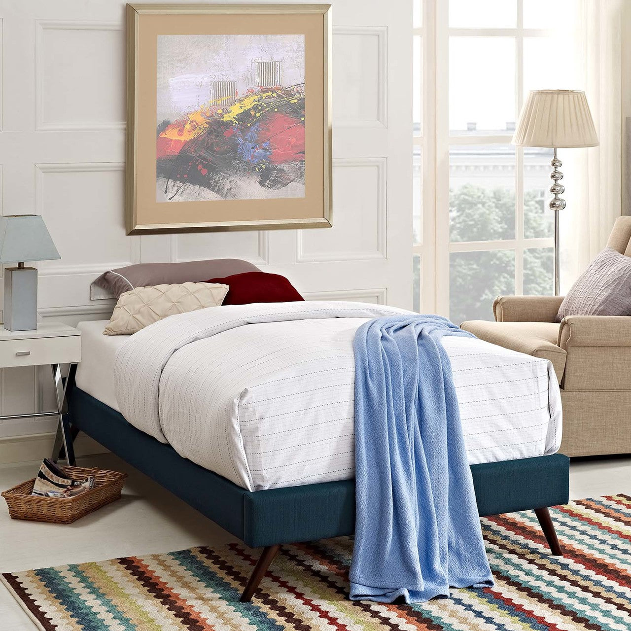 Loryn Twin Fabric Bed Frame with Round Splayed Legs, Twin Size, Fabric, Navy Blue, 14460