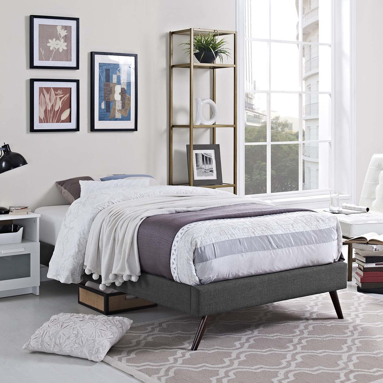 Loryn Twin Fabric Bed Frame with Round Splayed Legs, Twin Size, Fabric, Grey Gray, 14462