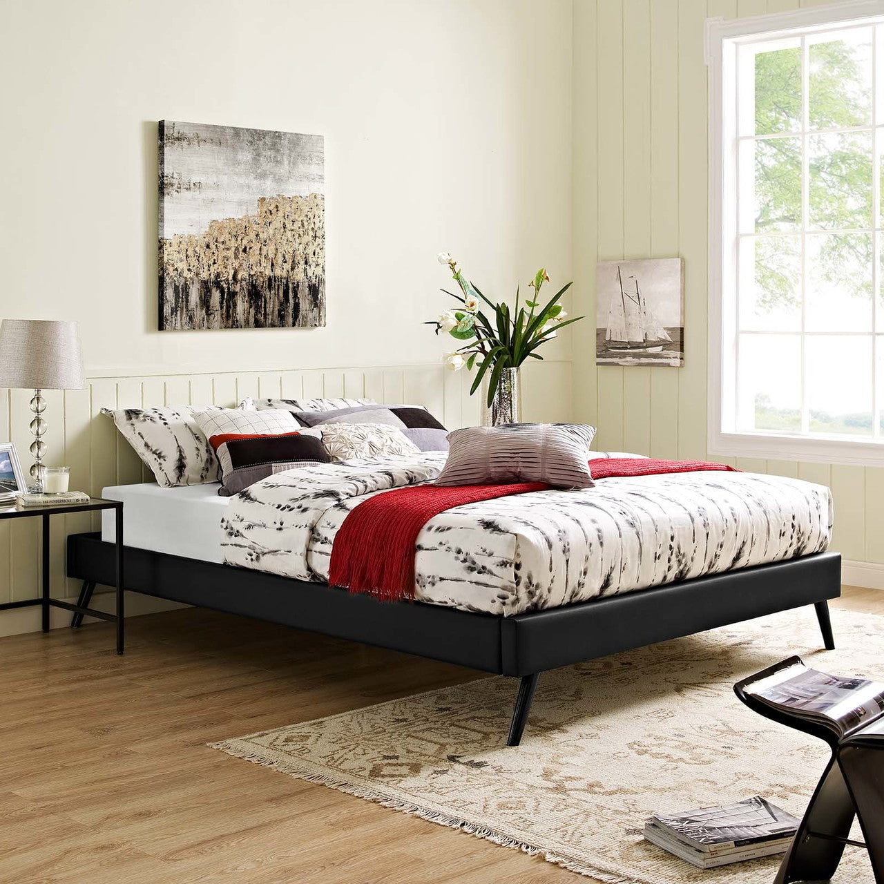 Loryn Queen Vinyl Bed Frame with Round Splayed Legs, Queen Size, Faux Vinyl Leather, Black, 14468
