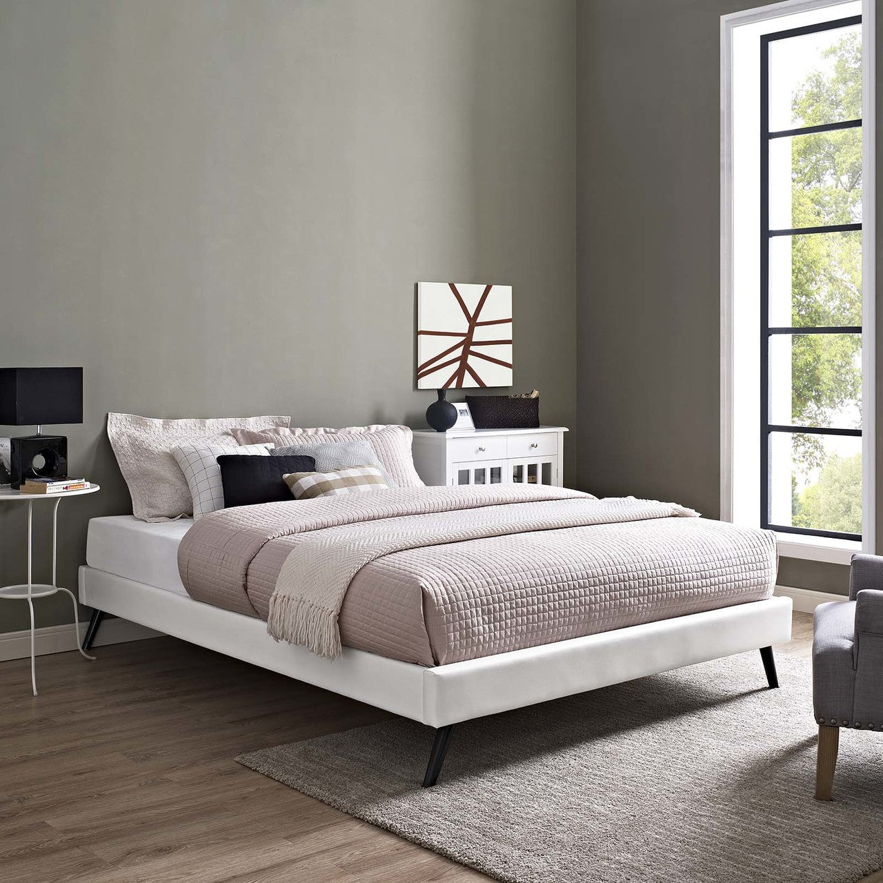 Loryn Queen Vinyl Bed Frame with Round Splayed Legs, Queen Size, Faux Vinyl Leather, White, 14469