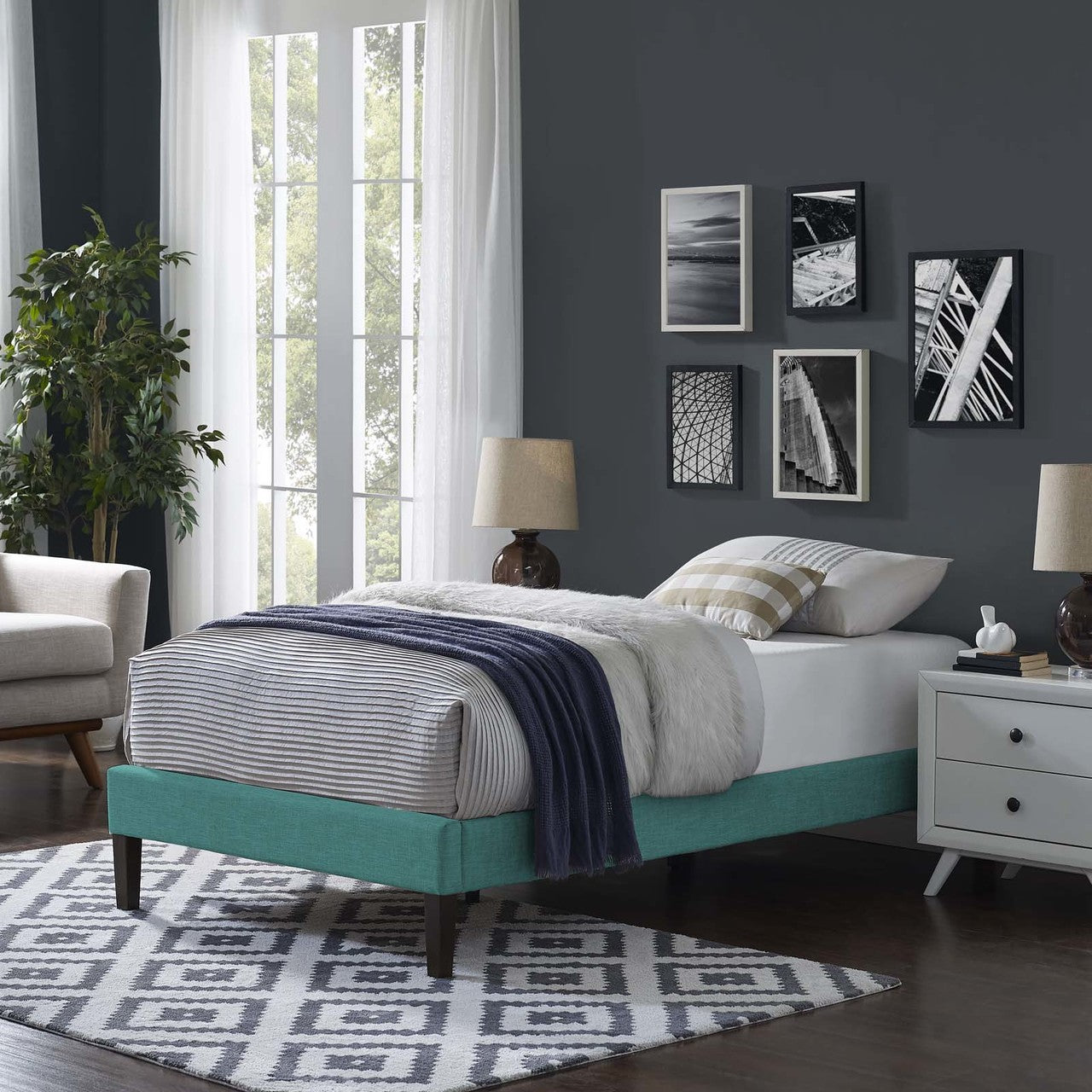 Tessie Twin Fabric Bed Frame with Squared Tapered Legs, Twin Size, Fabric, Aqua Blue, 14483