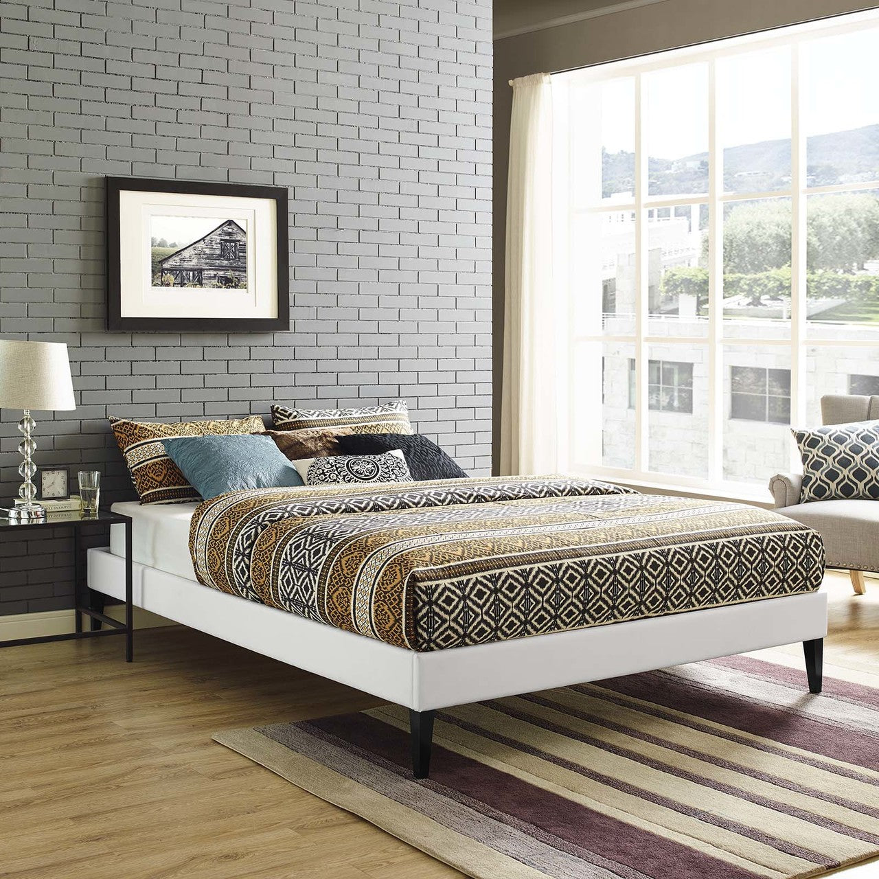 Tessie Full Vinyl Bed Frame with Squared Tapered Legs, Full Size, Faux Vinyl Leather, White, 14485
