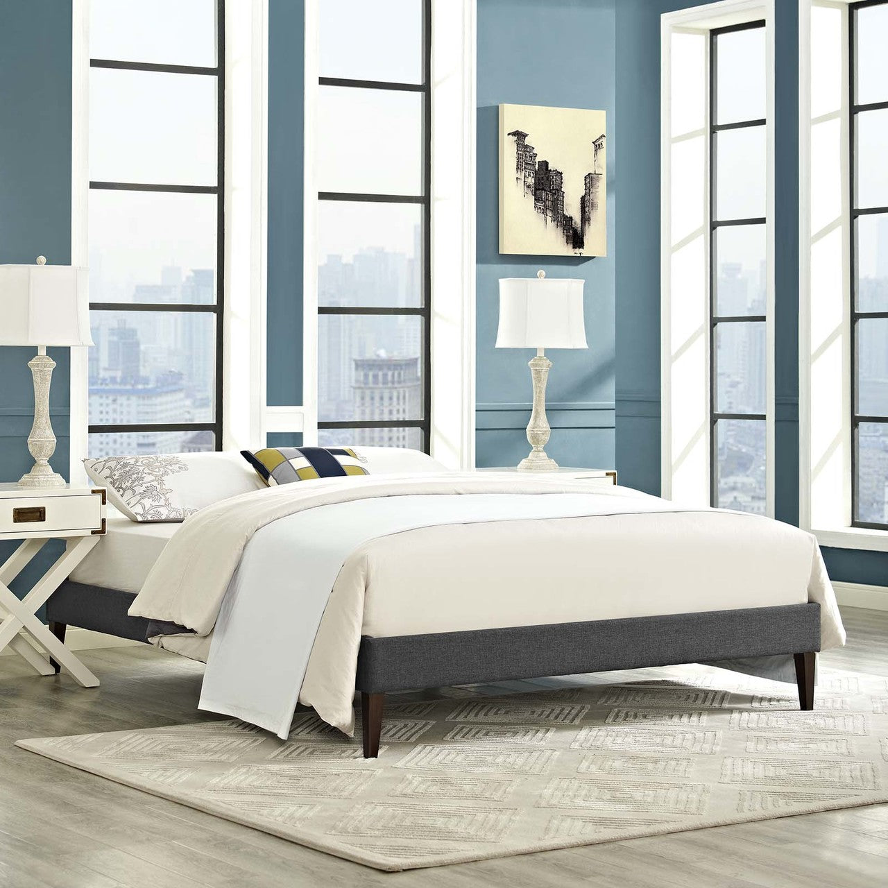 Tessie King Fabric Bed Frame with Squared Tapered Legs, King Size, Fabric, Grey Gray, 14496