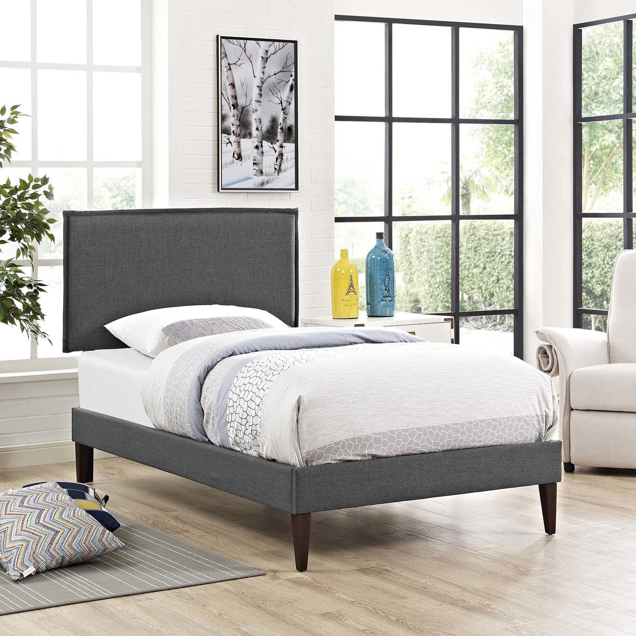 Amaris Twin Fabric Platform Bed with Squared Tapered Legs, Twin Size, Fabric, Grey Gray, 14512