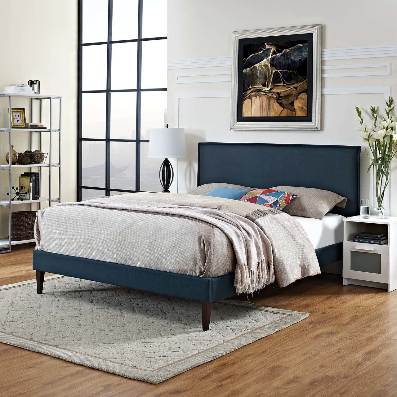 Amaris Queen Fabric Platform Bed with Squared Tapered Legs, Queen Size, Fabric, Navy Blue, 14516
