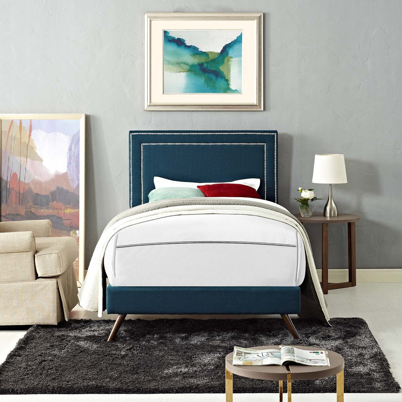Virginia Twin Fabric Platform Bed with Round Splayed Legs, Twin Size, Fabric, Navy Blue, 14524
