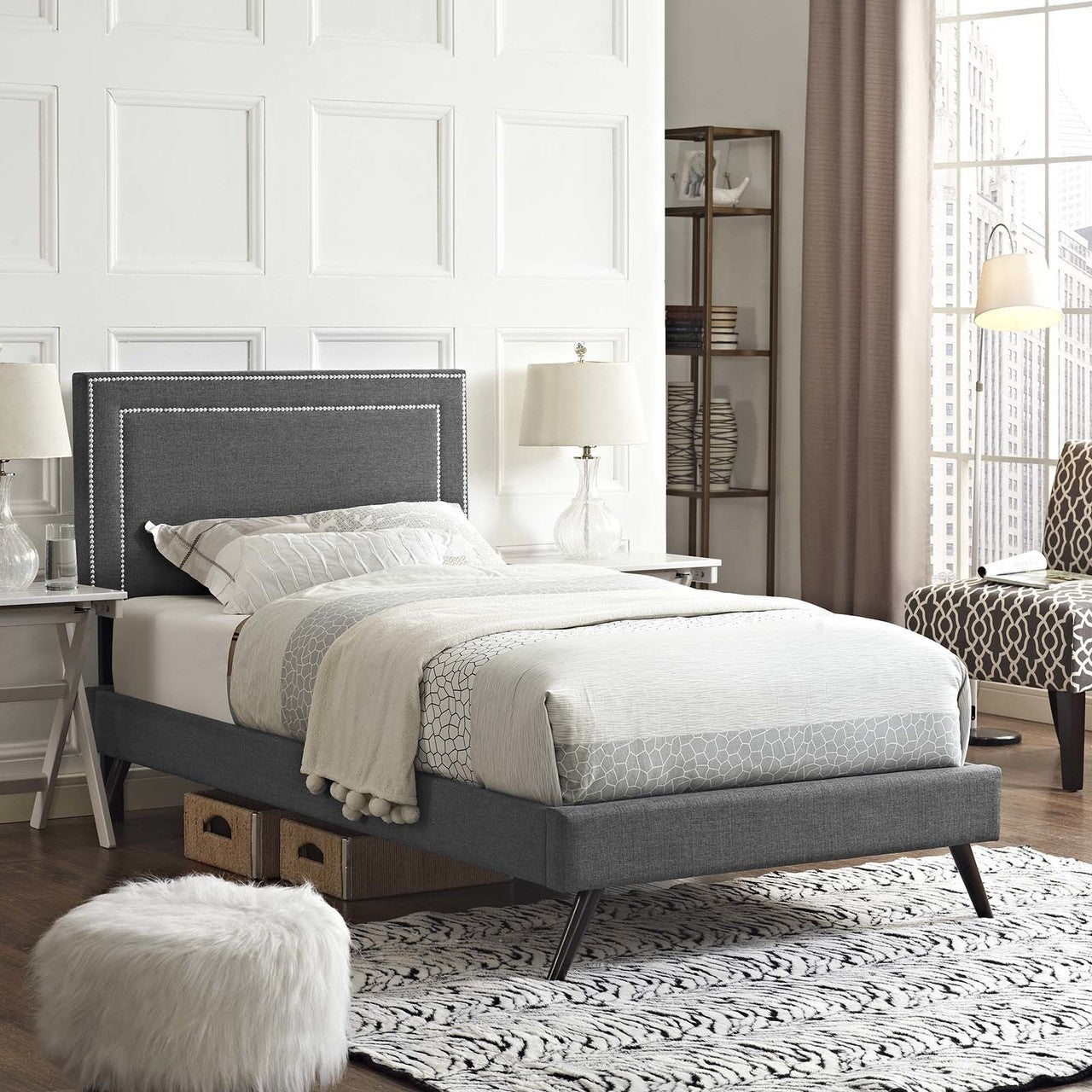 Virginia Twin Fabric Platform Bed with Round Splayed Legs, Twin Size, Fabric, Grey Gray, 14526