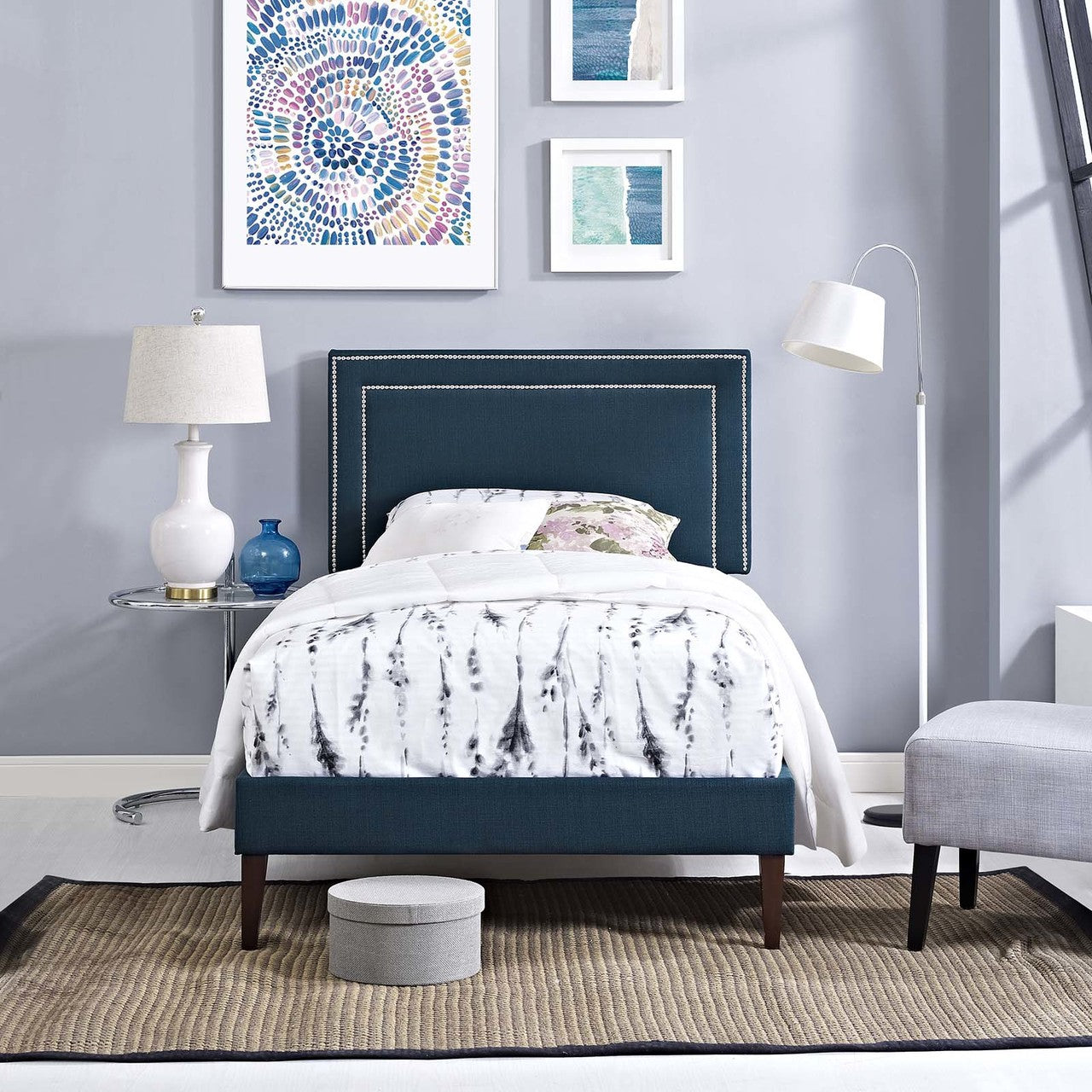 Virginia Twin Fabric Platform Bed with Squared Tapered Legs, Twin Size, Fabric, Navy Blue, 14544