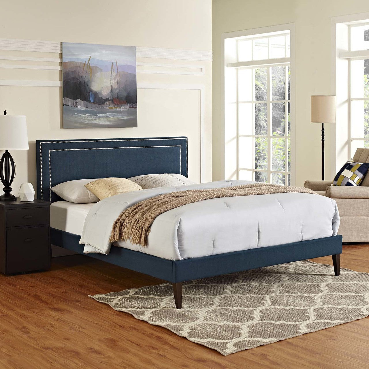 Virginia King Fabric Platform Bed with Squared Tapered Legs, King Size, Fabric, Navy Blue, 14559