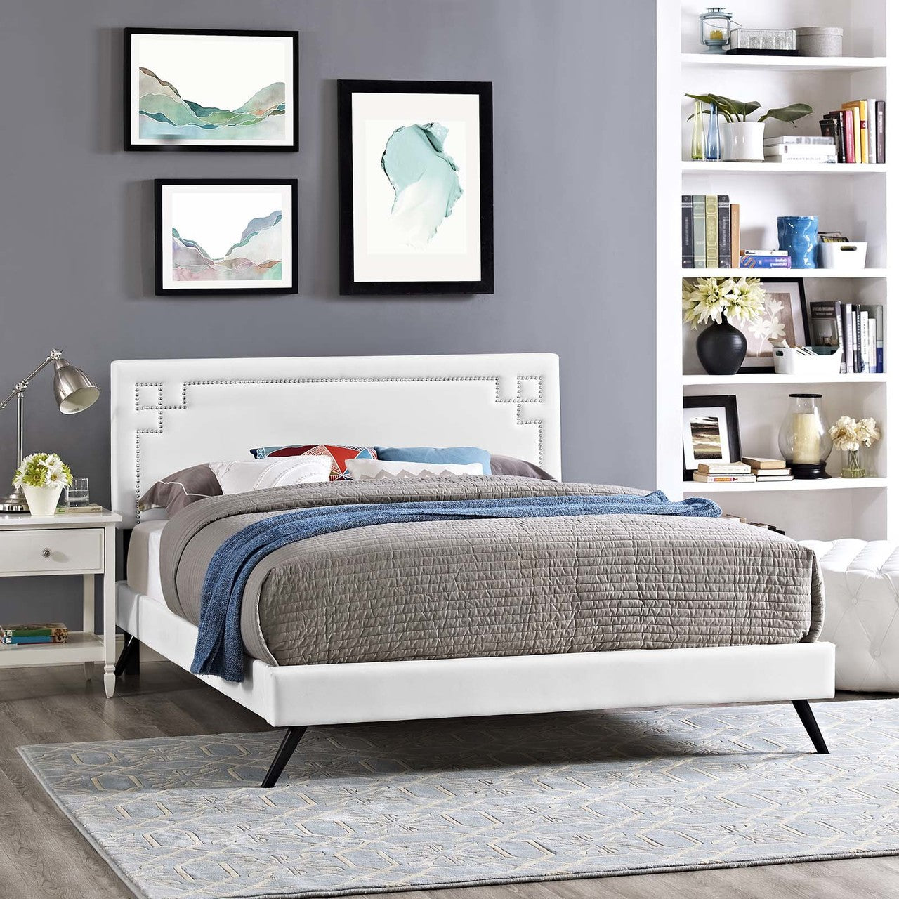 Ruthie Full Vinyl Platform Bed with Round Splayed Legs, Full Size, Faux Vinyl Leather, White, 14568