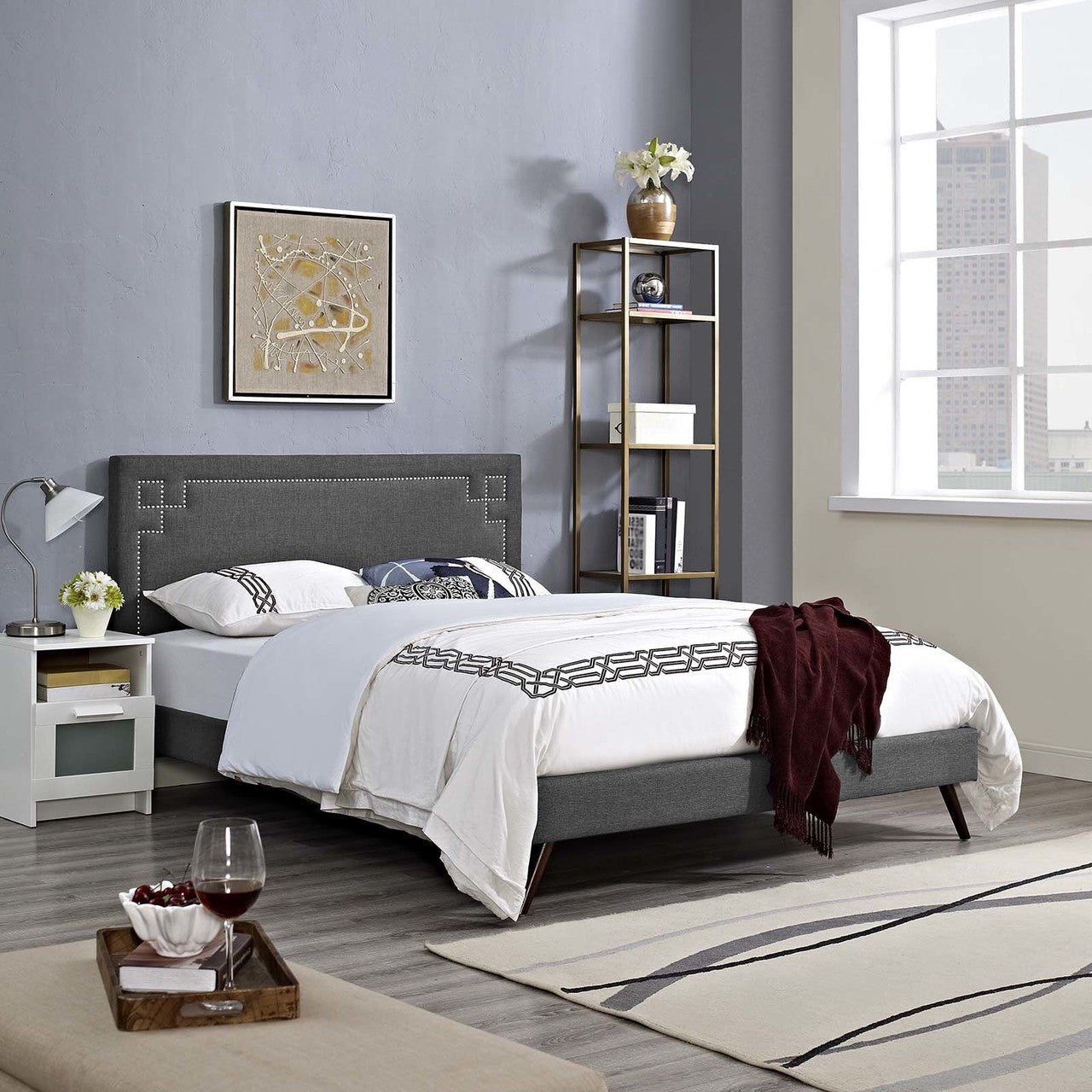 Ruthie Full Fabric Platform Bed with Round Splayed Legs, Full Size, Fabric Copper Nail Rivet, Grey Gray, 14571
