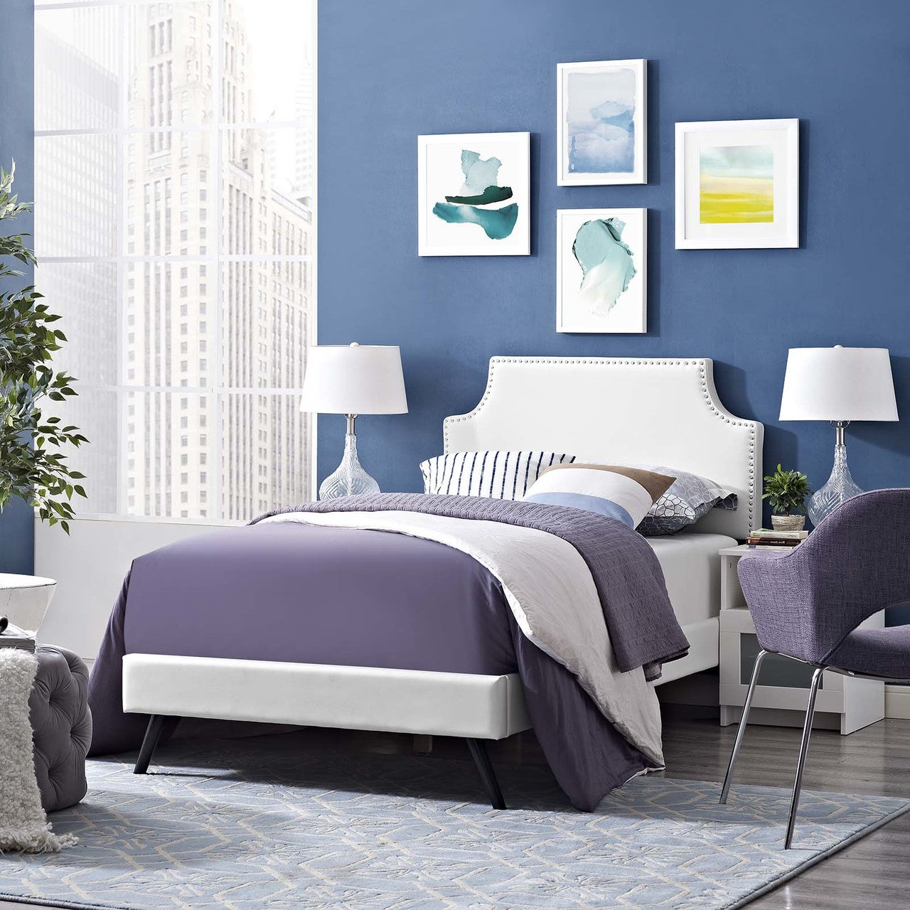 Corene Twin Vinyl Platform Bed with Round Splayed Legs, Twin Size, Faux Vinyl Leather, White, 14603