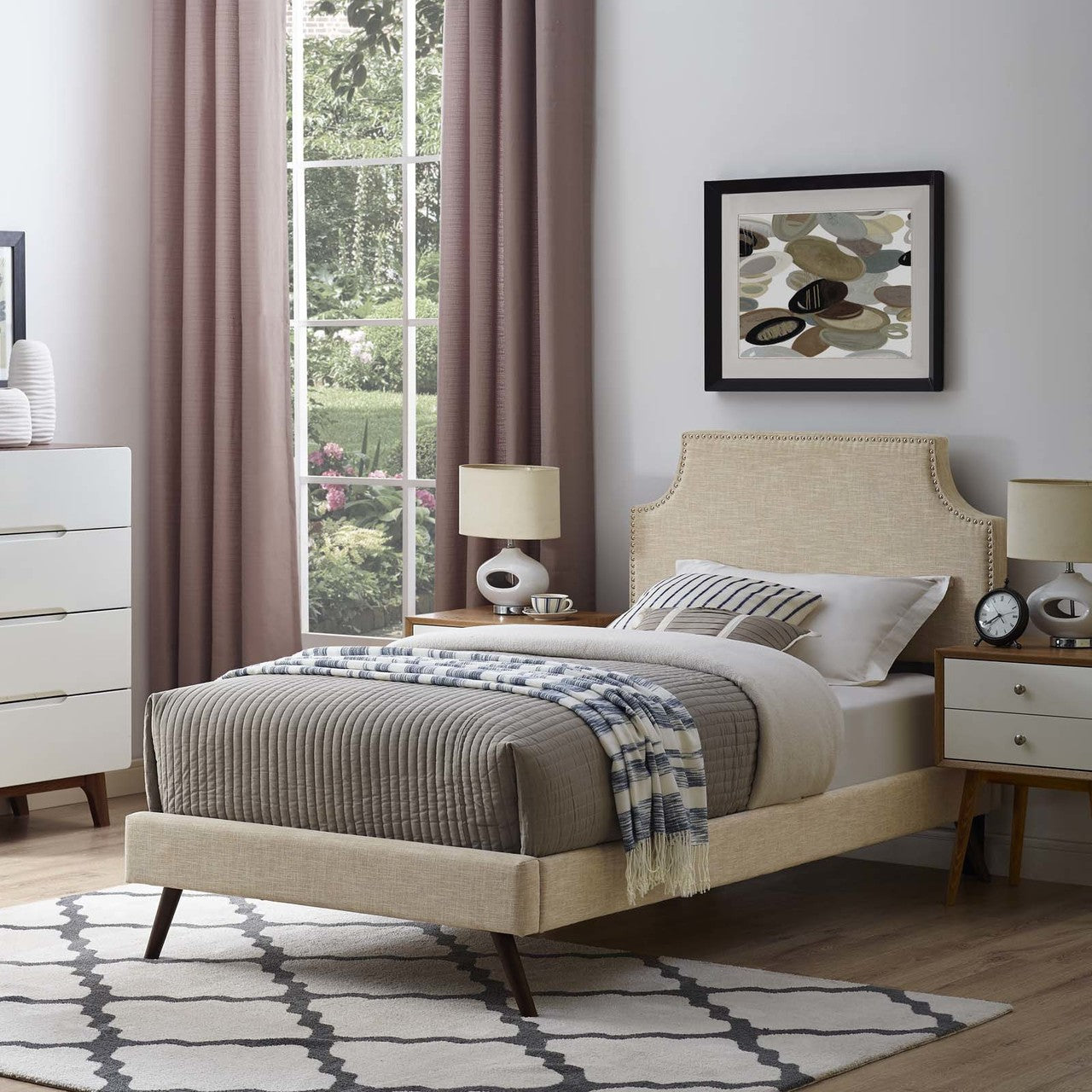 Corene Twin Fabric Platform Bed with Round Splayed Legs, Twin Size, Fabric Copper Nail Rivet, Beige, 14605