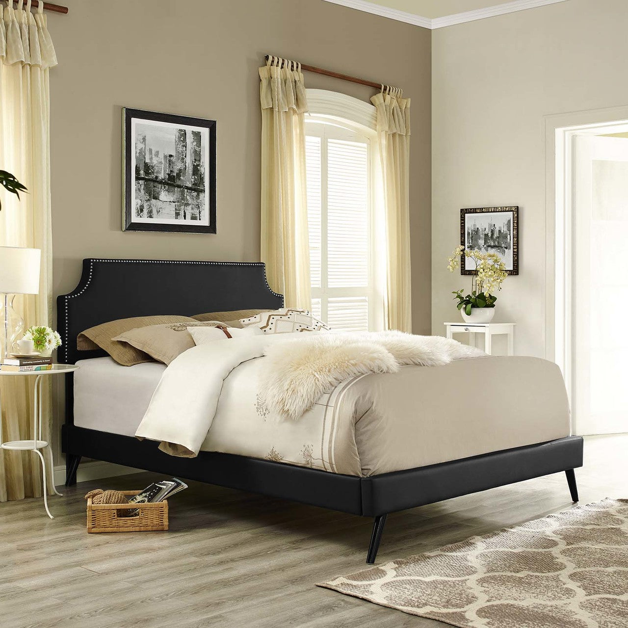 Corene Queen Vinyl Platform Bed with Round Splayed Legs, Queen Size, Faux Vinyl Leather, Black, 14612