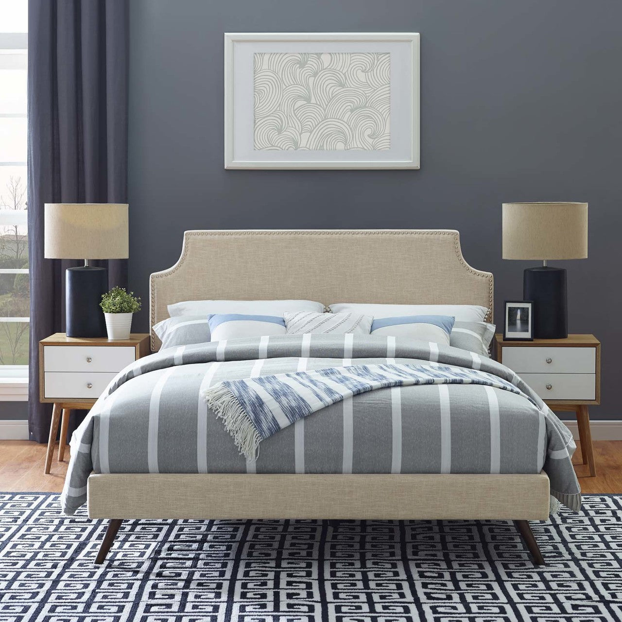 Corene King Fabric Platform Bed with Round Splayed Legs, King Size, Fabric Copper Nail Rivet, Beige, 14620