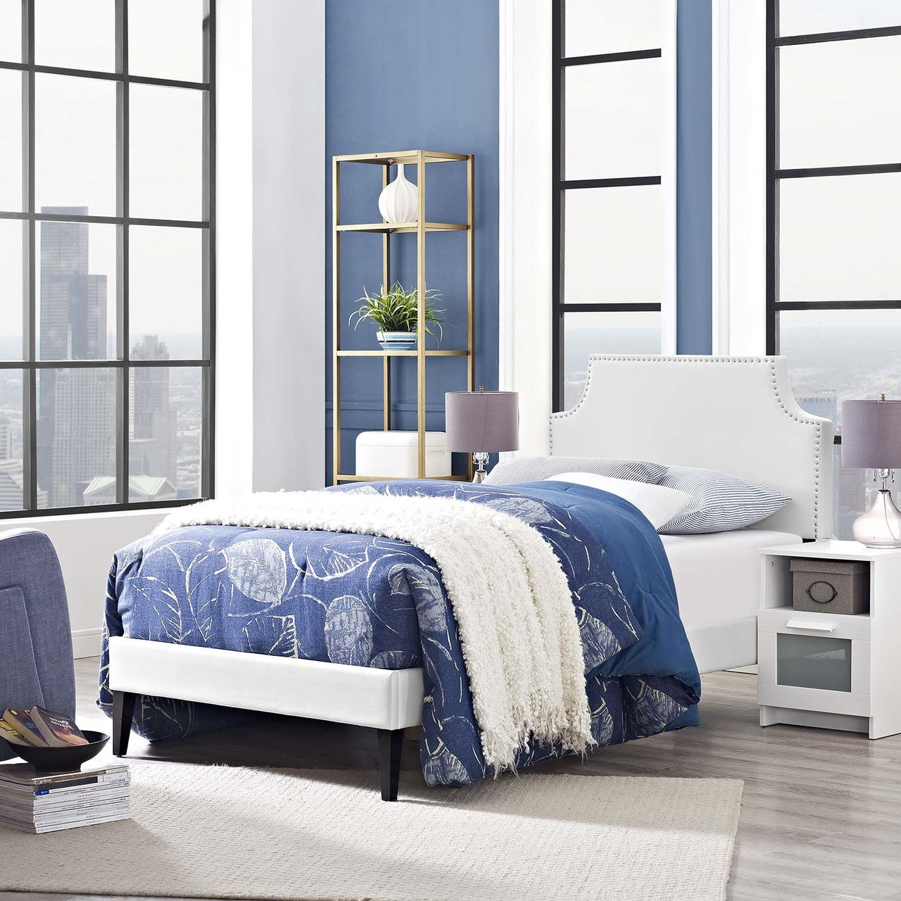 Corene Twin Vinyl Platform Bed with Squared Tapered Legs, Twin Size, Faux Vinyl Leather, White, 14623