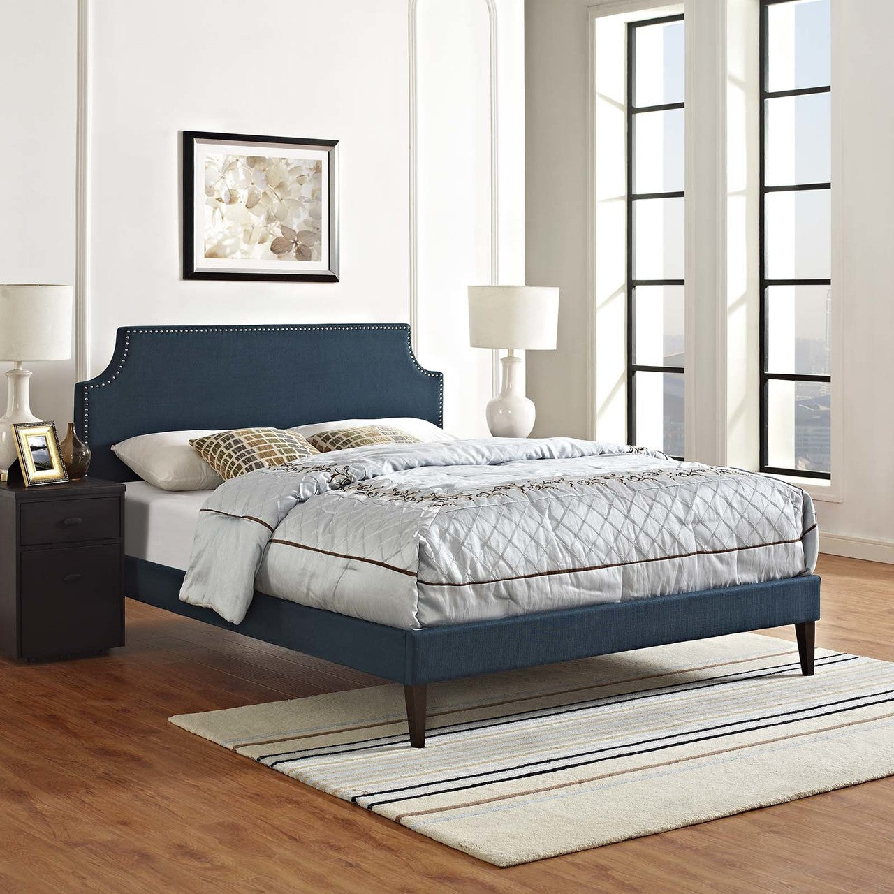 Corene Queen Fabric Platform Bed with Squared Tapered Legs, Queen Size, Fabric Copper Nail Rivet, Navy Blue, 14634