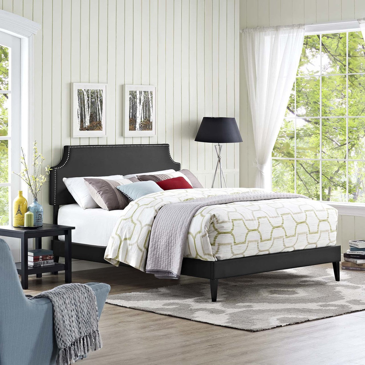Corene King Vinyl Platform Bed with Squared Tapered Legs, King Size, Faux Vinyl Leather, Black, 14637