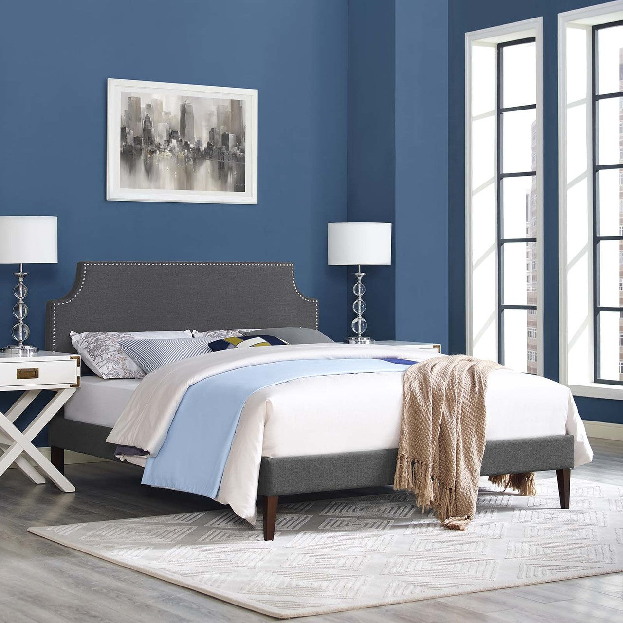 Corene King Fabric Platform Bed with Squared Tapered Legs, King Size, Fabric Copper Nail Rivet, Grey Gray, 14641