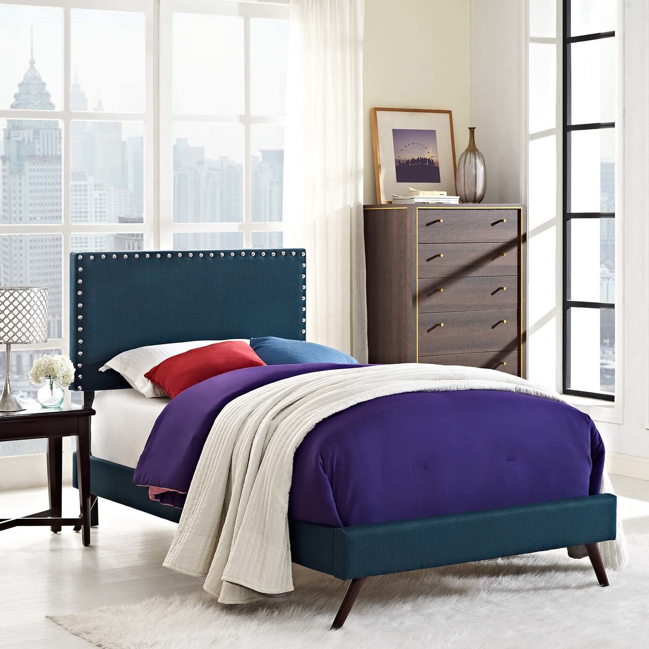 Macie Twin Fabric Platform Bed with Round Splayed Legs, Twin Size, Fabric, Navy Blue, 14644