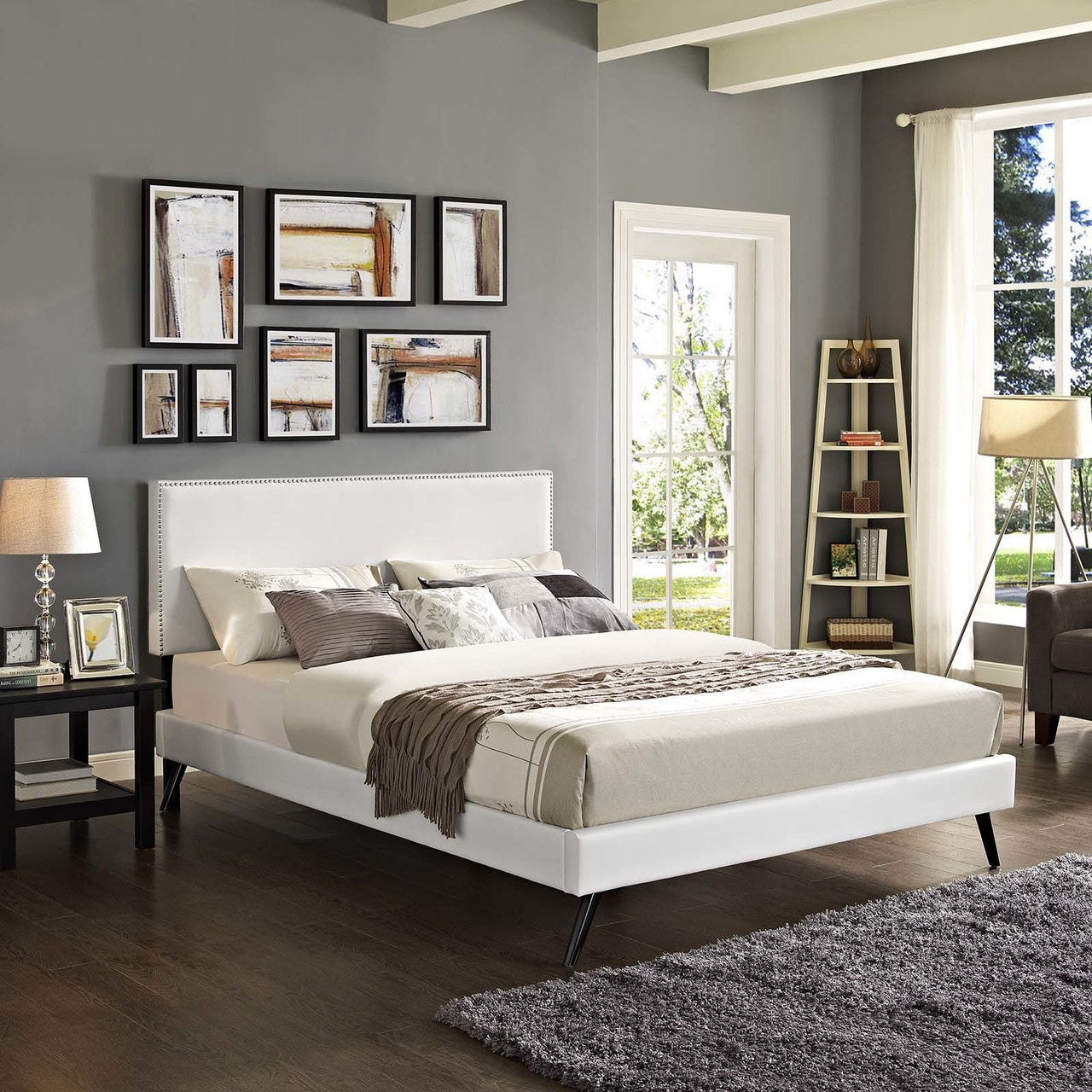Macie Full Vinyl Platform Bed with Round Splayed Legs, Full Size, Faux Vinyl Leather, White, 14648