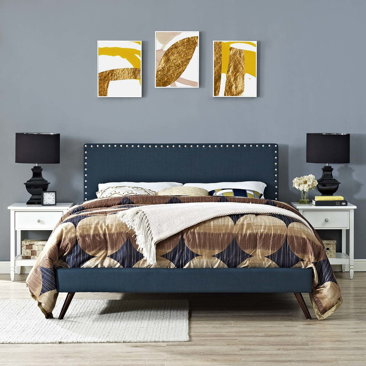 Macie Queen Fabric Platform Bed with Round Splayed Legs, Queen Size, Fabric, Navy Blue, 14654