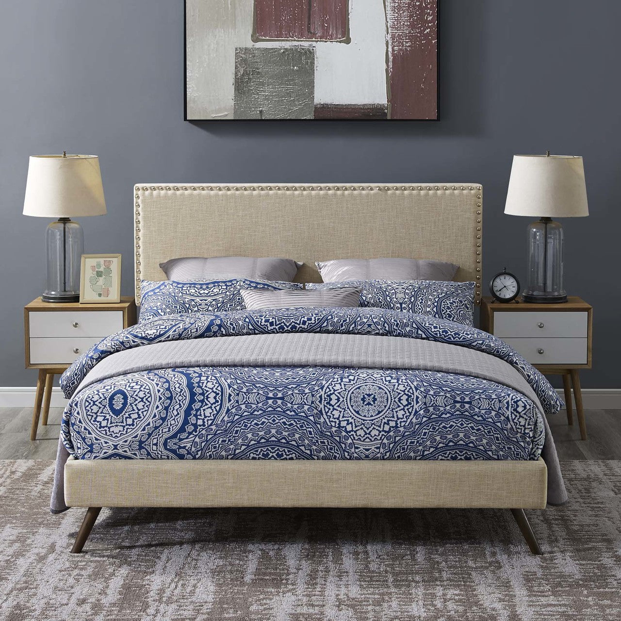 Macie Queen Fabric Platform Bed with Round Splayed Legs, Queen Size, Fabric, Beige, 14655